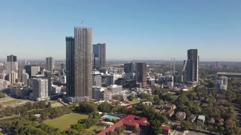 Aerial drone reverse view of Parramatta in Western Sydney, NSW in June 2023 Stock-Footage 243485010