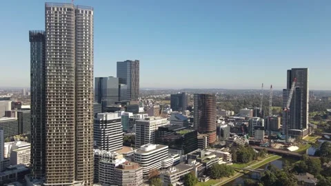 Aerial drone reverse view of Parramatta in Western Sydney, NSW in June 2023 Video stock 243485114