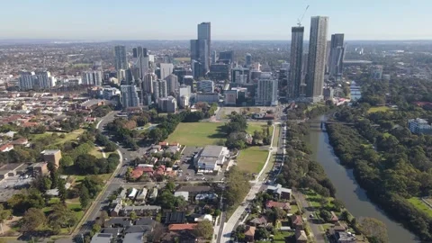 Aerial drone reverse view of Parramatta in Western Sydney, NSW in June 2023 스톡 동영상 243486091