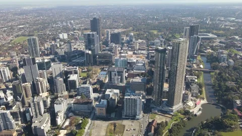 Aerial drone reverse view of Parramatta in Western Sydney, NSW in June 2023 스톡 동영상 243486138