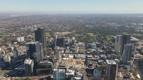 Aerial drone reverse view of Parramatta in Western Sydney, NSW in June 2023 스톡 동영상 243486306