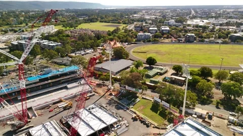 Aerial drone reverse view of Penrith Stadium in Penrith NSW, Australia Stock Footage 334599392