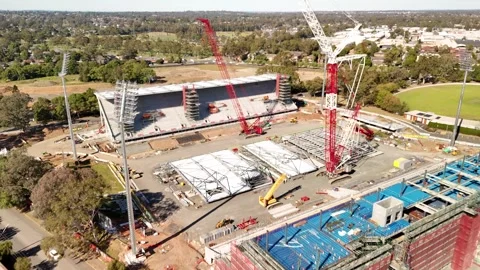 Aerial drone reverse view of Penrith Stadium in Penrith NSW, Australia Stock Footage 334600207