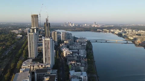 Aerial drone reverse view of Rhodes, an Inner West suburb of Sydney, NSW Stock Footage 270337378