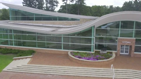 Aerial drone Right to left pan front view of city hall Stock Footage 171134845