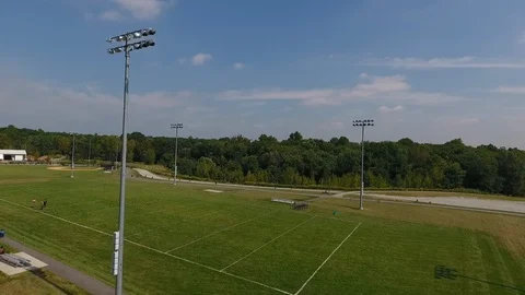 Aerial Drone Rising Over Empty Practice Field 스톡 동영상 112274139