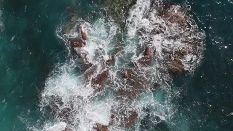 Aerial Drone Rising Over Waves Crashing on Lava Coast, Tenerife, Canary Islands Stock Footage 336279920