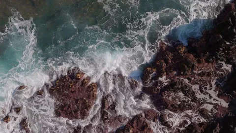 Aerial Drone Rising Over Waves Crashing on Lava Coast, Tenerife, Canary Islands Stock Footage 336280194