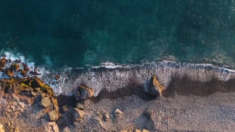 Aerial Drone Rising Over Waves Crashing on Lava Coast, Tenerife, Canary Islands Stock Footage 336316830