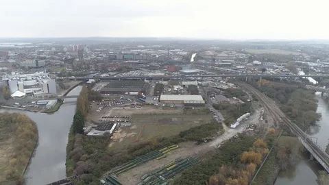 Aerial Drone River Don and industrial park flooding Stock Footage 124908853