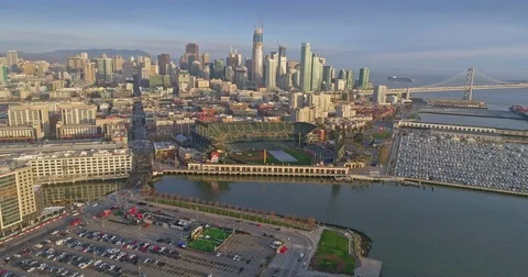 Aerial drone of the san francisco city skyline at&t Park at sunrise, sunset Stock Footage