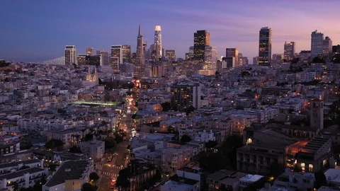Aerial Drone Of The San Francisco City Skyline at night Stock Footage