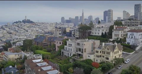 Aerial drone of the san francisco skyline from russian hill Stock Footage