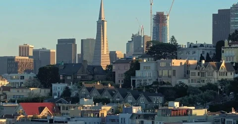 Aerial Drone Of The San Francisco Skyline From Russian Hill Stock Footage
