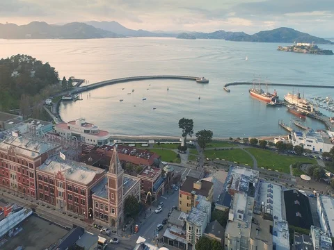 Aerial drone of the san francisco skyline from russian hill to fishermans wharf Stock Footage