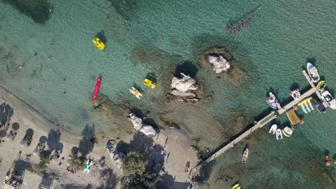 Aerial drone of sandy beach sea water Paros island Cyclades, Greece Stock Photos