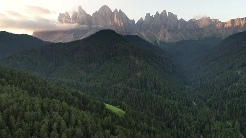 Aerial Drone Santa Magdalena Val di Funes in Dolomites Italian Alps Furchetta Stock Footage