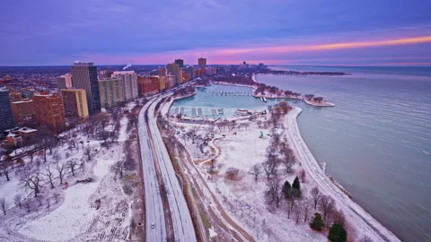 Aerial drone scene of Chicago’s Loop district during winter dawn. Stock Footage 331681842