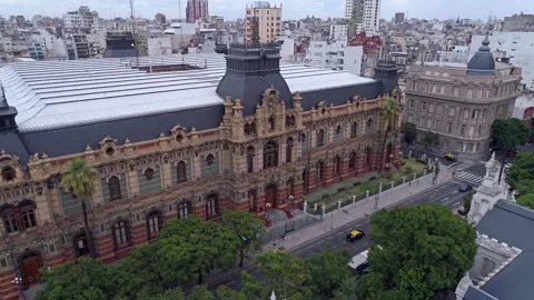 Aerial drone scene in horizontal orbit of historic building. Stock Footage 156979627