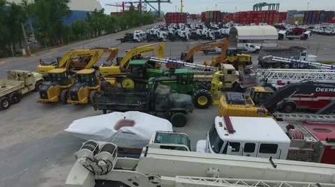 Aerial drone scene over import export cars, truck, trains and construction machi Vídeo Stock 62835542