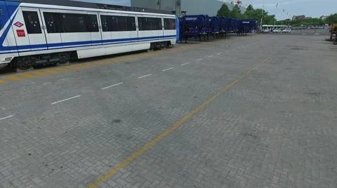 Aerial drone scene over a train wagon on an import export harbor in the riversid Vídeo Stock 60051734