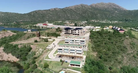 Aerial drone scene of touristic constructions at mountainous landscape Stockbeeldmateriaal 118902032
