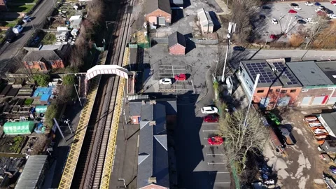 Aerial Drone Semi Orbit of Red Brick Railway Station Urban Stock Footage 330337745