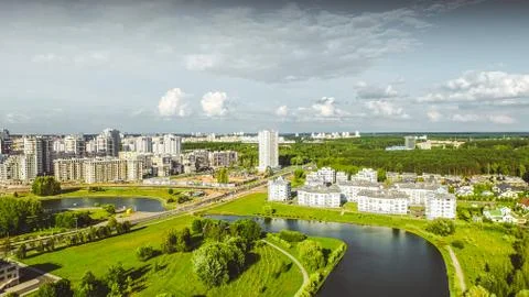 Aerial drone shoot with top view near national library in Minsk, Belarus. Bea Stock Photos