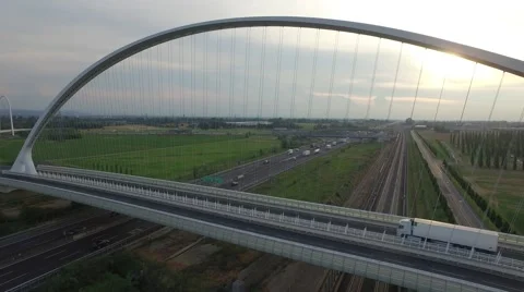 Aerial drone shooting on highway bridge Calatrava Stock Footage 67749331