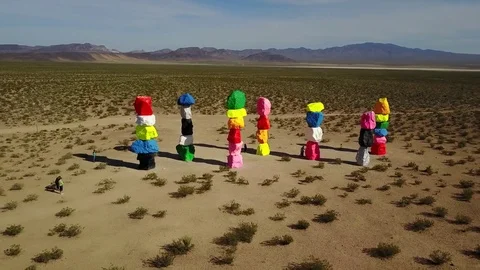 Aerial Drone shot of 7 Magic Mountains near Las Vegas Stock Footage