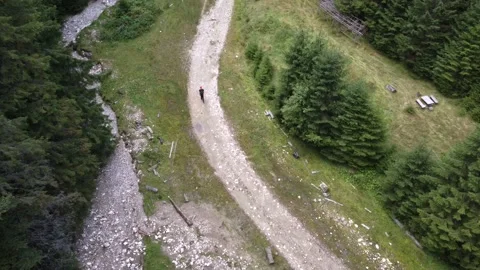 Aerial drone Shot of an active young man walking in a fairy stream in Romania Stock Footage 194553573