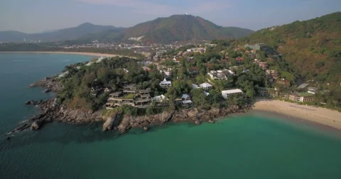 Aerial Drone Shot Approaching Kata Beach Headland and Luxury Villas Stock Footage 63092553