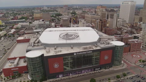 Aerial Drone Shot Approaching the Prudential Center in Newark, New Jersey Video stock 235502999