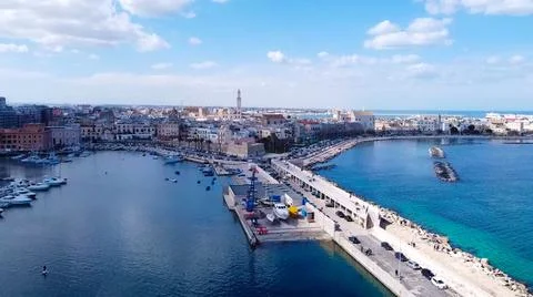 Aerial Drone Shot of Bari Skyline and Port Stock Photos