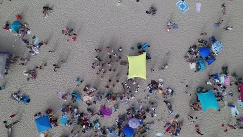 Aerial Drone Shot of Beachgoers Dancing and Partying on the beach Stock Footage 245338718
