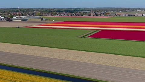 An aerial drone shot of beautiful patchwork fields with vibrant stripes Video stock 336279425