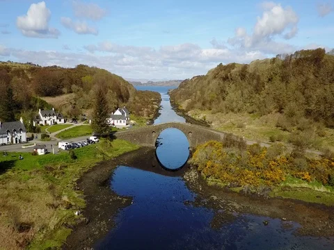 Aerial Drone Shot of Bridge Over the Atlantic, Seil Island Stock Footage 80888376