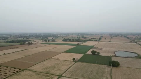 Aerial Drone shot of brown fields at day with blue sky background Stock Footage 160587689