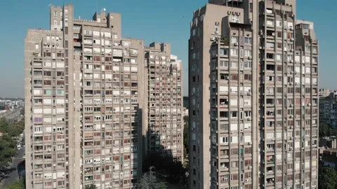 Aerial drone shot of brutalist architecture in Belgrade, Serbia Stock Footage 342239705