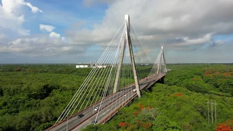 Aerial drone shot of the cable-stayed bridge. Cars driving over the river on a Video stock 245568776