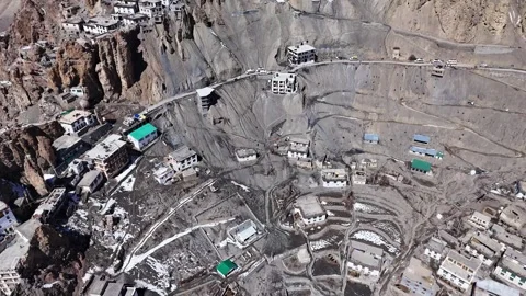 Aerial drone shot capturing the breathtaking winter silence surrounding Dhankar Stock Footage 304947136