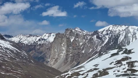 Aerial drone shot capturing the remote, snowy terrain of Shinkula Pass with Stock Footage 310750925