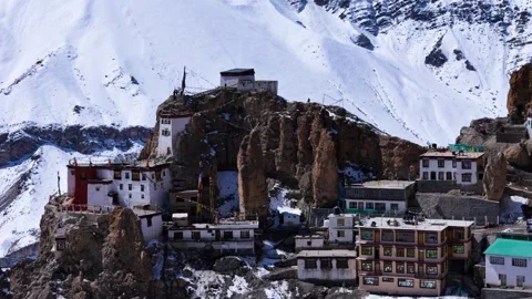 Aerial drone shot capturing the solitude of Dhankar Monastery in winter, as Video stock 304946574