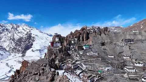Aerial drone shot capturing the timeless charm of Dhankar Monastery, standing Stock Footage 304946023
