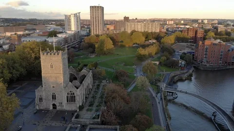 Aerial drone shot of Castle Park in Bristol next to the river Stock Footage