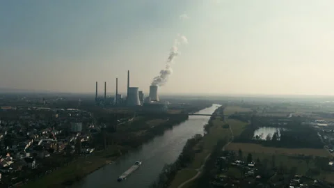 Aerial drone shot of coal fired power station during energy crisis and high Stock Footage 209285370