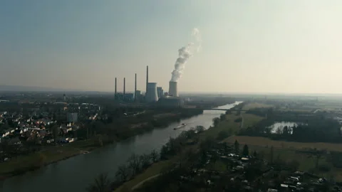 Aerial drone shot of coal fired power station during energy crisis and high Stock Footage 209285548