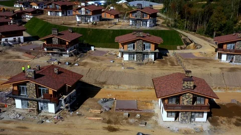 Aerial Drone Shot Of Construction Site Of A Block Of Country Houses Stock Footage 124083988