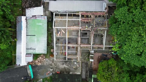 Aerial Drone Shot of Construction Workers on Building Site Stock Footage 308045253