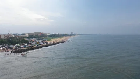 Aerial drone shot, crowded beach in Negombo, Sri Lanka 4K stabilized Stock Footage 107351201